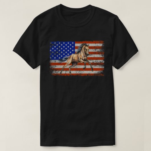 愛国的な馬アメリカ国旗の乗馬が遠く Tシャツ (デザイン正面)