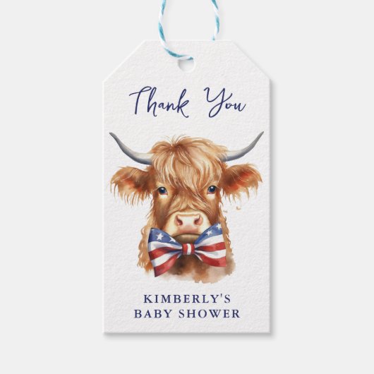愛国的な高地の牛の農場の動物の赤ちゃんシャワー ギフトタグ (正面)
