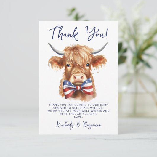 愛国的な高地の牛の農場の動物の赤ちゃんシャワー サンキューカード (スタンド正面)