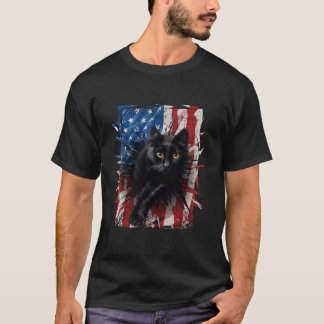 愛国的な黒猫が引き裂かれたアメリカ国旗7月4日 Tシャツ