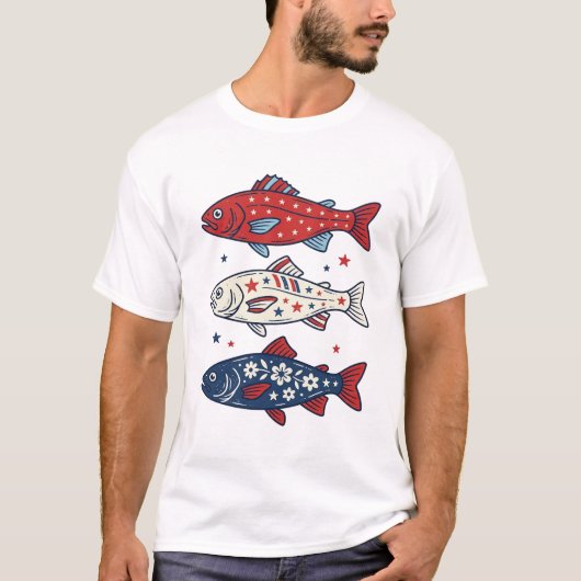 愛国的な3つの魚のビンテージの彫刻Tシャツデザイン Tシャツ (正面)