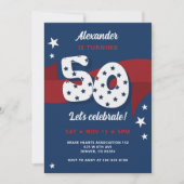 愛国的な50歳の誕生日パーティー赤白青スター 招待状 (正面)