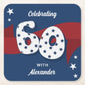 愛国的な60歳の誕生日パーティー赤白青スター スクエアペーパーコースター (正面)
