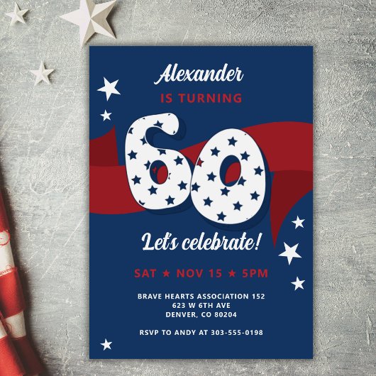 愛国的な60歳の誕生日パーティー赤白青スター 招待状