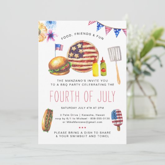 愛国的な7月4日の花火とバーベキューパーティーのご招待 招待状 (スタンド正面)
