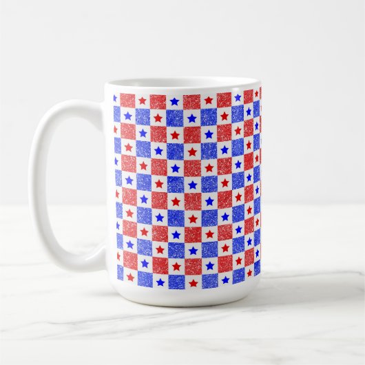 愛国的な 赤 白 青 星と四角形 コーヒーマグカップ (左)