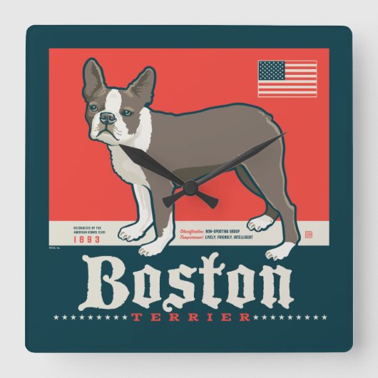 愛国的な | Boston Terrier スクエア壁時計 (正面)