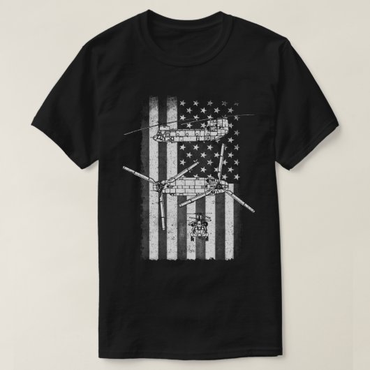 愛国的なCH-47チヌークヘリコプターアメリカ国旗 Tシャツ (デザイン正面)