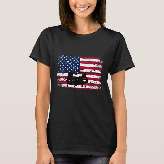 愛国的なCH-47チヌークヘリコプターアメリカ国旗 Tシャツ (正面)