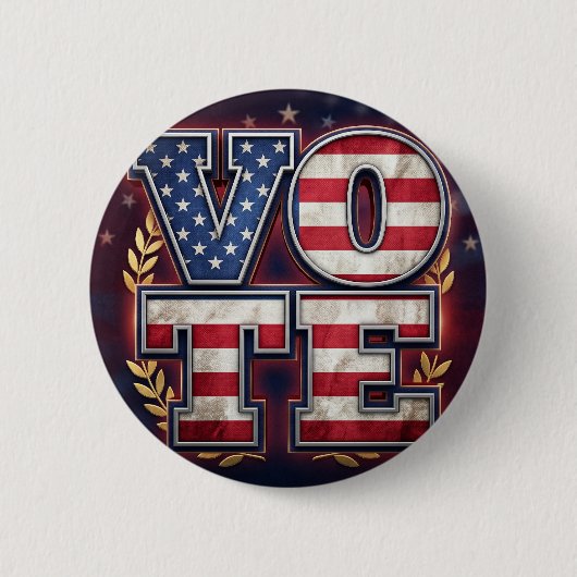 愛国的なVOTEアメリカ国旗タイポグラフィーデザイン 缶バッジ (正面)