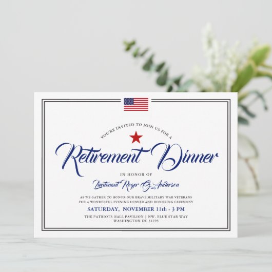 愛国的アメリカ国旗をテーマにした |退職後のディナー  招待状 (スタンド正面)