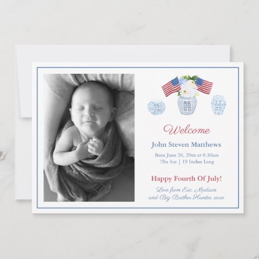 愛国的エレガントベビー誕生統計ウェルカム写真 案内状 (正面)