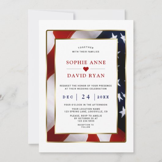 愛国的エレガント軍隊金ゴールド米国国旗結婚の 招待状 (正面)