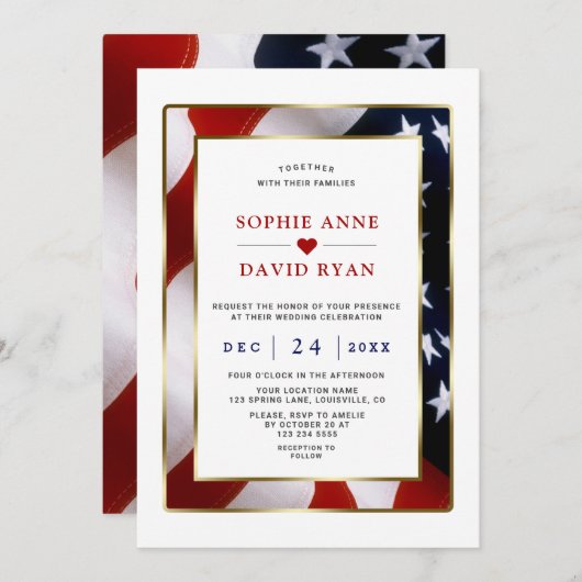 愛国的エレガント軍隊金ゴールド米国国旗結婚の 招待状 (正面/裏面)