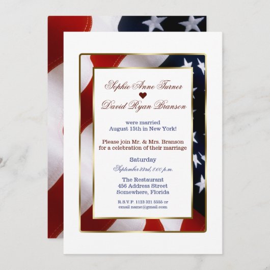 愛国的エレガント金ゴールド米国国旗の夕べ結婚の 招待状 (正面/裏面)