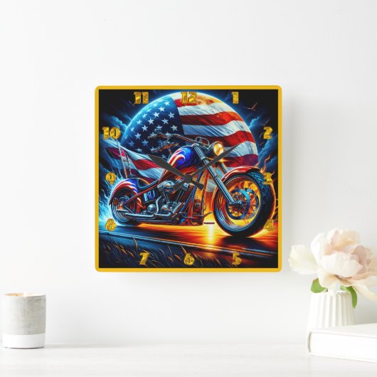 愛国的カスタムな背景に浮かぶオートバイ スクエア壁時計 (ホーム)