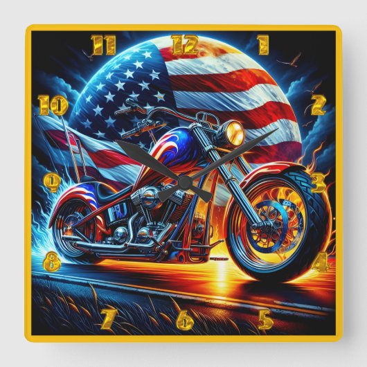 愛国的カスタムな背景に浮かぶオートバイ スクエア壁時計 (正面)