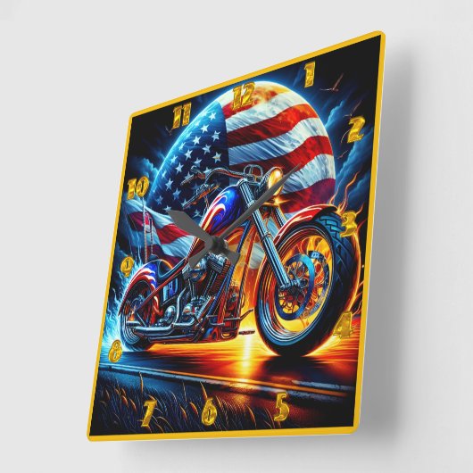 愛国的カスタムな背景に浮かぶオートバイ スクエア壁時計 (傾斜)