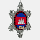 愛国的カンボジア、バッファロー・プレイド、カンボジア国旗 スノーフレークピューターオーナメント (左)