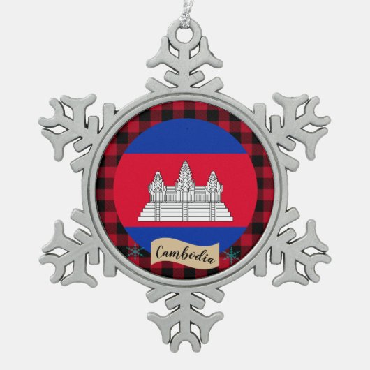 愛国的カンボジア、バッファロー・プレイド、カンボジア国旗 スノーフレークピューターオーナメント (正面)