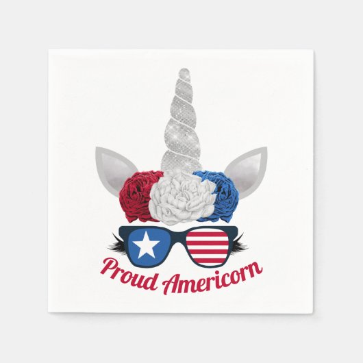 愛国的グリッターユニコーン赤白青 スタンダードカクテルナプキン (正面)