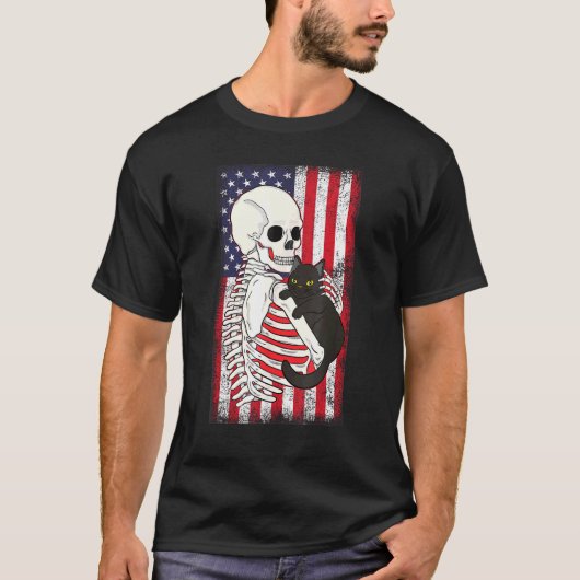 愛国的スカルスケルトンキャットアメリカンフラッグUsa 4th Tシャツ (正面)
