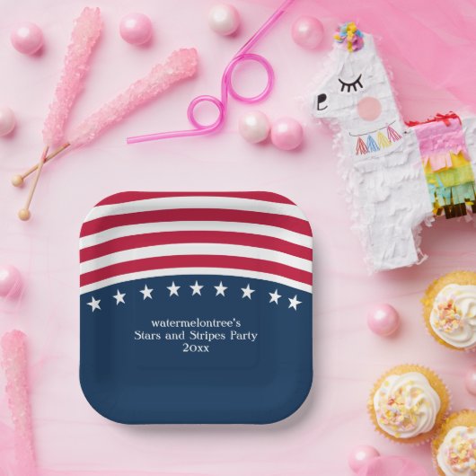 愛国的スターストライプズ赤白青スクエア ペーパープレート (パーティー)