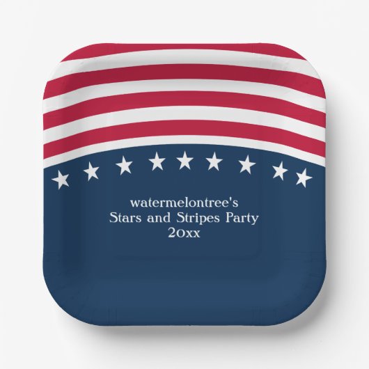 愛国的スターストライプズ赤白青スクエア ペーパープレート (正面)
