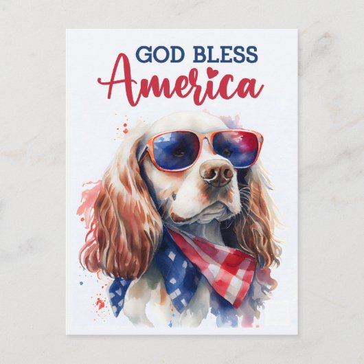 愛国的スパニエル犬、神よアメリカを祝福し給え ポストカード (正面)