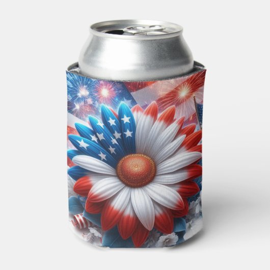 愛国的デイジーとアメリカ国旗の独立記念日 缶クーラー (缶正面)