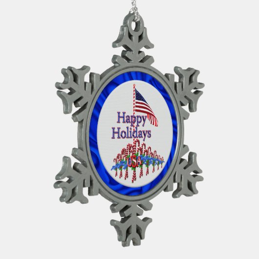 愛国的ハッピーホリデイズキャンディーキャンズ スノーフレークピューターオーナメント (左)