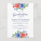 愛国的フローラレッドブルー卒業招待状カード ポストカード (正面)