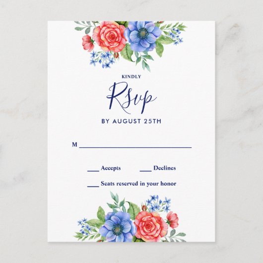 愛国的フローラ赤白青結婚式RSVP インビテーションポストカード (正面)
