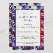 愛国的ブルーホワイトレッドローズ誕生日 招待状 (正面/裏面)