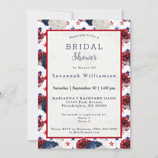 愛国的ブルーレッドスターローズブーケブライダルシャワー 招待状 (正面)