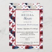 愛国的ブルーレッドスターローズブーケブライダルシャワー 招待状 (正面/裏面)