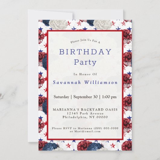 愛国的ブルーレッドスターローズブーケ誕生日 招待状 (正面)