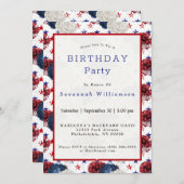 愛国的ブルーレッドスターローズブーケ誕生日 招待状 (正面/裏面)