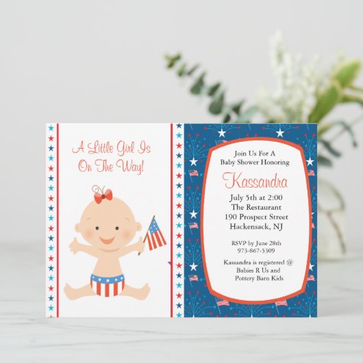 愛国的ベビーなびく国旗の赤ちゃんシャワー招待状 招待状 (スタンド正面)