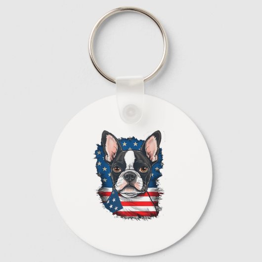 愛国的ボストンテリア犬パピーアメリカ国旗4 キーホルダー (正面)