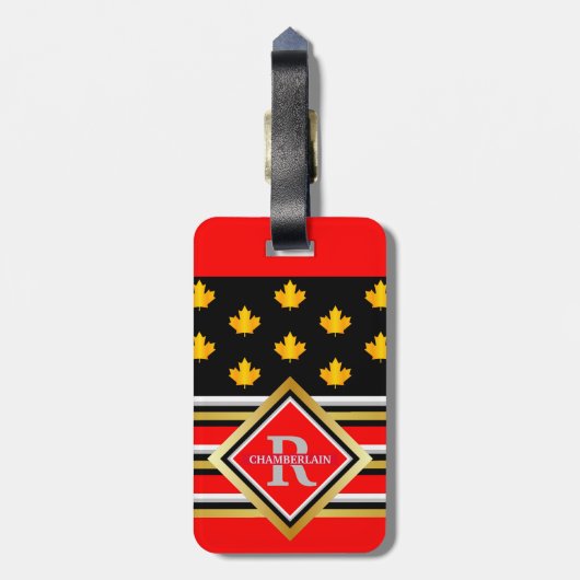 愛国的モノグラムフェイク金ゴールドメープルレッドとブラック ラゲッジタグ (裏面縦)