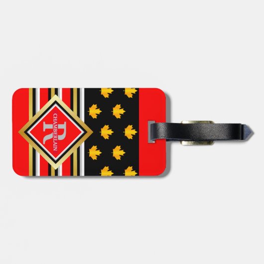 愛国的モノグラムフェイク金ゴールドメープルレッドとブラック ラゲッジタグ (裏面横)
