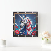 愛国的ユニコーン星ストライプフローラ スクエア壁時計 (ホーム)