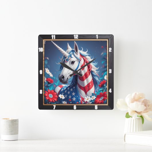 愛国的ユニコーン星ストライプフローラ スクエア壁時計 (ホーム)