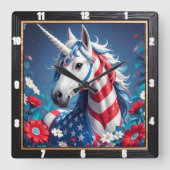 愛国的ユニコーン星ストライプフローラ スクエア壁時計 (正面)