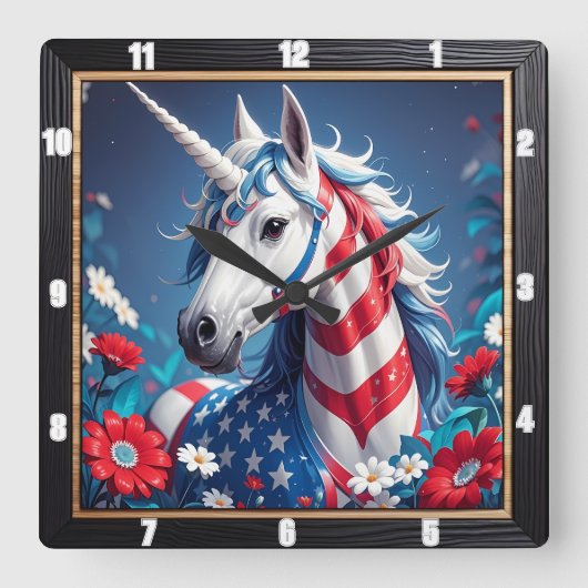 愛国的ユニコーン星ストライプフローラ スクエア壁時計 (正面)