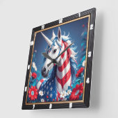愛国的ユニコーン星ストライプフローラ スクエア壁時計 (傾斜)