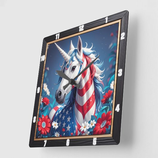 愛国的ユニコーン星ストライプフローラ スクエア壁時計 (傾斜)
