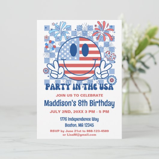 愛国的レトロ7月の誕生日パーティー4日 招待状 (スタンド正面)