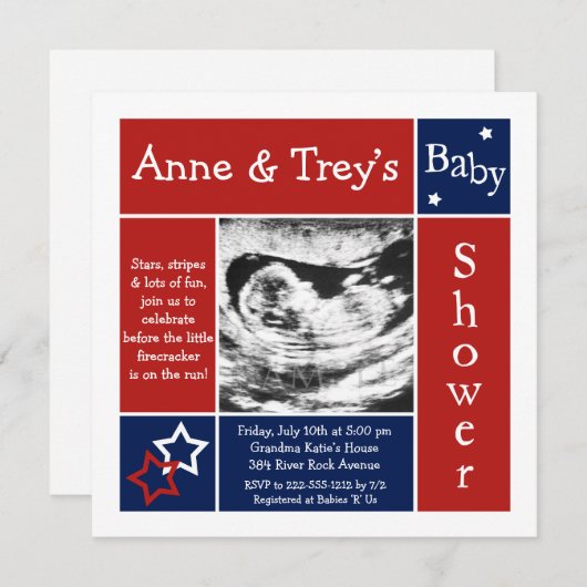 愛国的夏のベビーシャワー招待状 招待状 (正面/裏面)